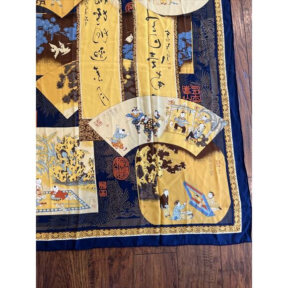 NEW Asilk Women’s Traditional Japanese SILK Scarf 42” Square Yellow & Blue Fine! - Picture 4 of 7